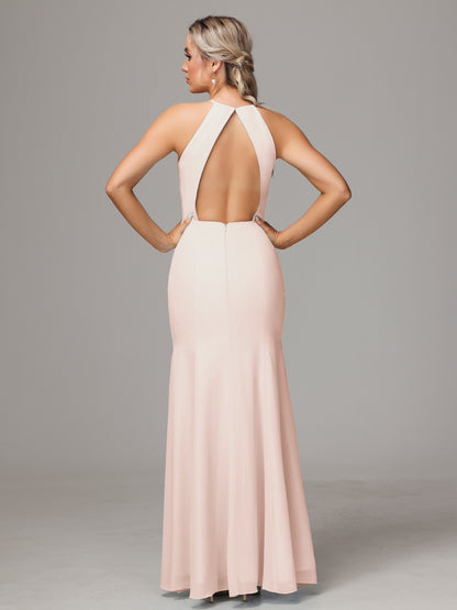 Halter Open Back Chiffon Bridesmaid Dress With Slit