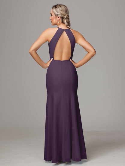 Halter Open Back Chiffon Bridesmaid Dress With Slit