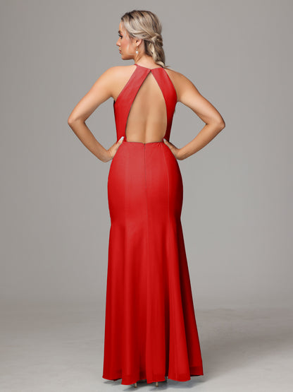 Halter Open Back Chiffon Bridesmaid Dress With Slit