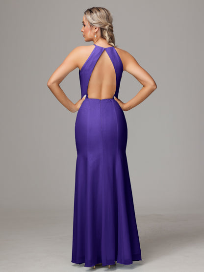 Halter Open Back Chiffon Bridesmaid Dress With Slit