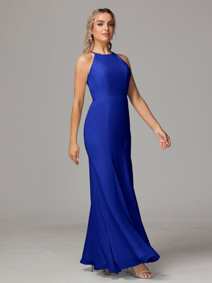 Halter Open Back Chiffon Bridesmaid Dress With Slit
