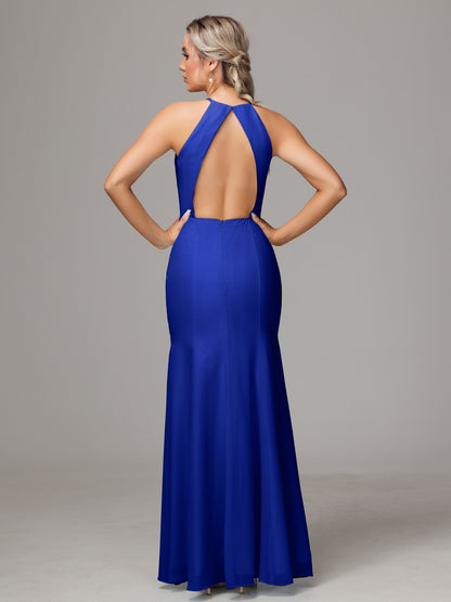 Halter Open Back Chiffon Bridesmaid Dress With Slit