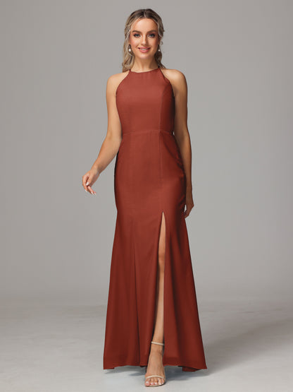 Halter Open Back Chiffon Bridesmaid Dress With Slit