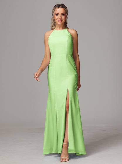 Halter Open Back Chiffon Bridesmaid Dress With Slit