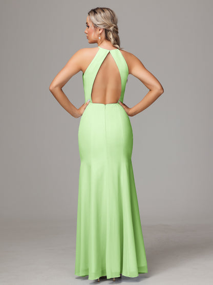 Halter Open Back Chiffon Bridesmaid Dress With Slit