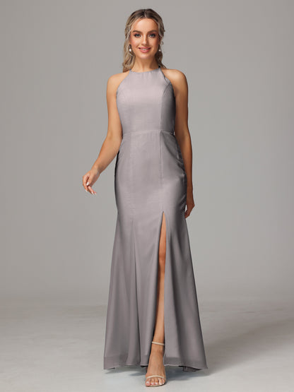 Halter Open Back Chiffon Bridesmaid Dress With Slit