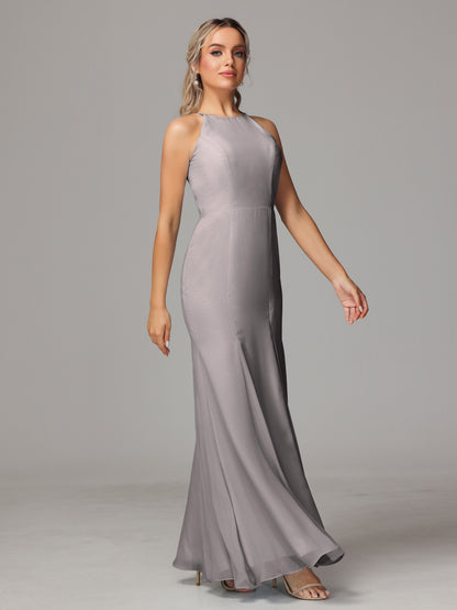 Halter Open Back Chiffon Bridesmaid Dress With Slit