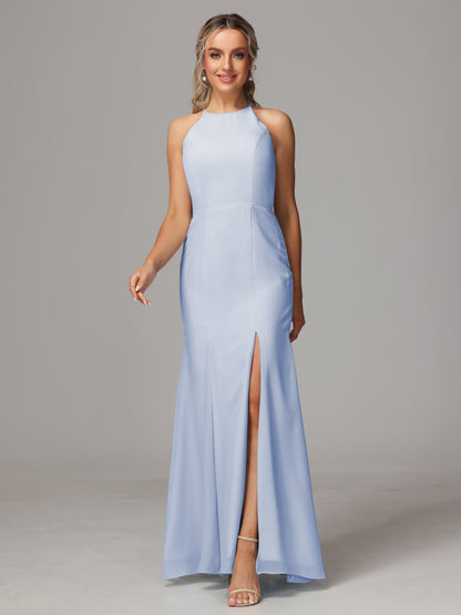 Halter Open Back Chiffon Bridesmaid Dress With Slit