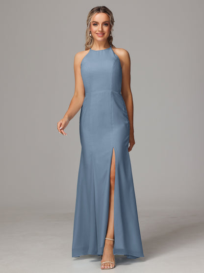 Halter Open Back Chiffon Bridesmaid Dress With Slit