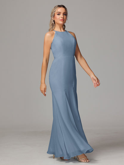 Halter Open Back Chiffon Bridesmaid Dress With Slit