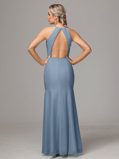 Halter Open Back Chiffon Bridesmaid Dress With Slit