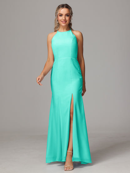 Halter Open Back Chiffon Bridesmaid Dress With Slit