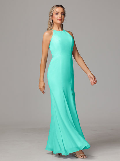 Halter Open Back Chiffon Bridesmaid Dress With Slit