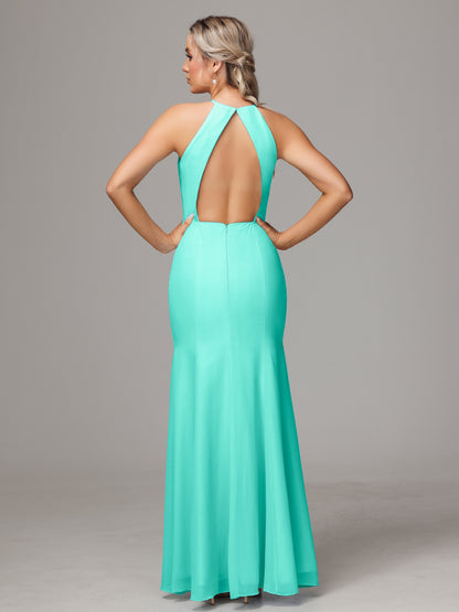 Halter Open Back Chiffon Bridesmaid Dress With Slit