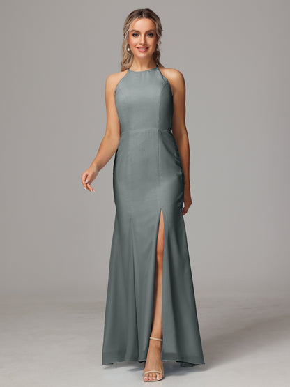 Halter Open Back Chiffon Bridesmaid Dress With Slit