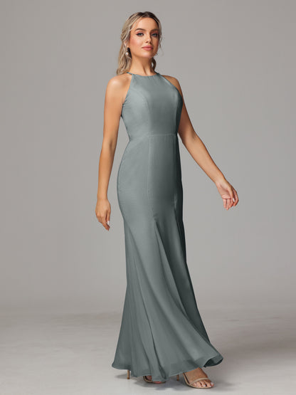 Halter Open Back Chiffon Bridesmaid Dress With Slit
