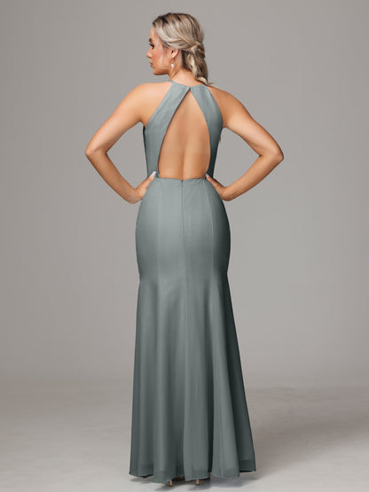 Halter Open Back Chiffon Bridesmaid Dress With Slit