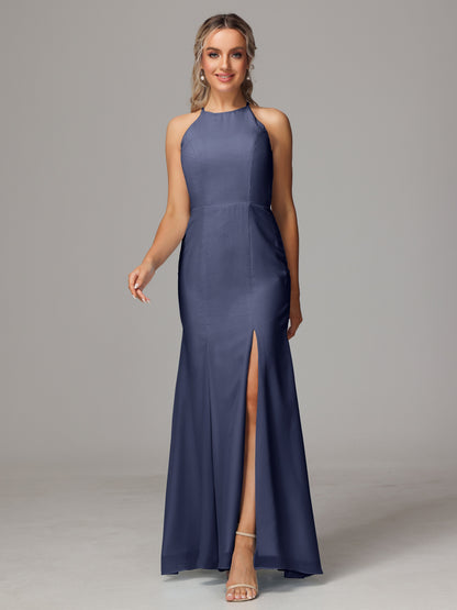 Halter Open Back Chiffon Bridesmaid Dress With Slit