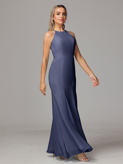 Halter Open Back Chiffon Bridesmaid Dress With Slit
