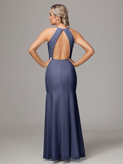Halter Open Back Chiffon Bridesmaid Dress With Slit