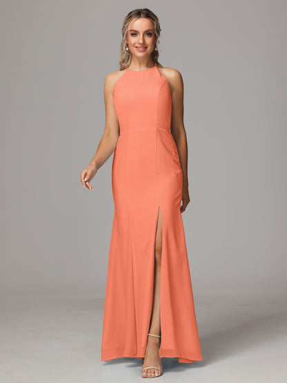 Halter Open Back Chiffon Bridesmaid Dress With Slit