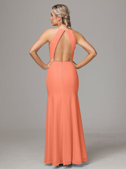 Halter Open Back Chiffon Bridesmaid Dress With Slit