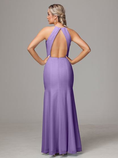 Halter Open Back Chiffon Bridesmaid Dress With Slit