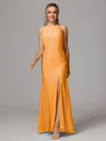 Halter Open Back Chiffon Bridesmaid Dress With Slit