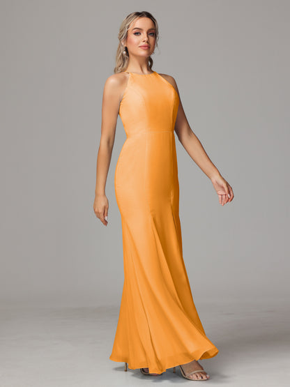 Halter Open Back Chiffon Bridesmaid Dress With Slit