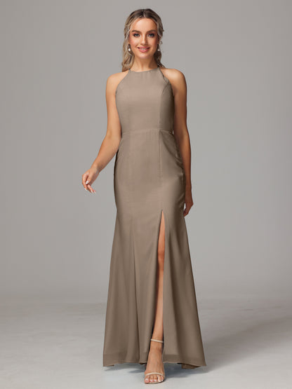 Halter Open Back Chiffon Bridesmaid Dress With Slit