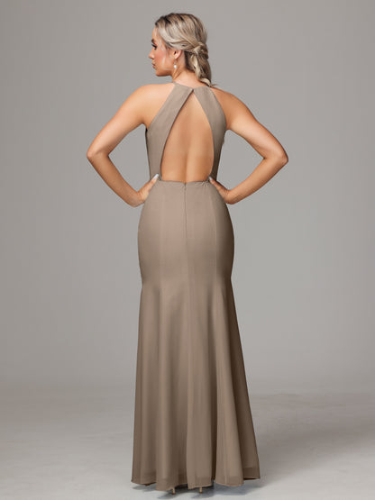 Halter Open Back Chiffon Bridesmaid Dress With Slit