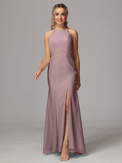 Halter Open Back Chiffon Bridesmaid Dress With Slit