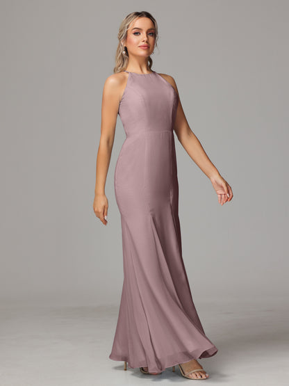 Halter Open Back Chiffon Bridesmaid Dress With Slit