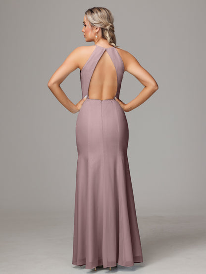 Halter Open Back Chiffon Bridesmaid Dress With Slit