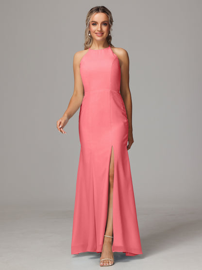 Halter Open Back Chiffon Bridesmaid Dress With Slit