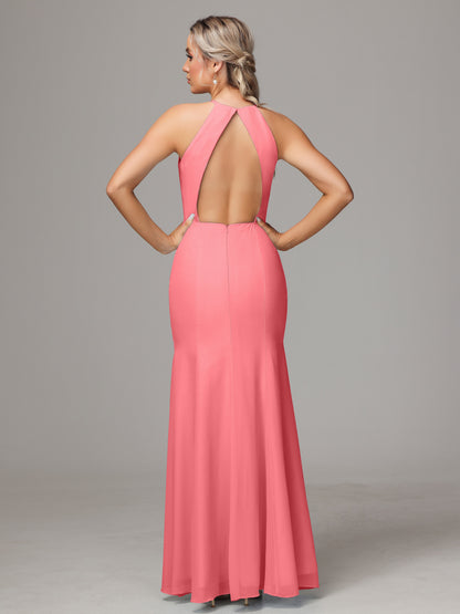 Halter Open Back Chiffon Bridesmaid Dress With Slit