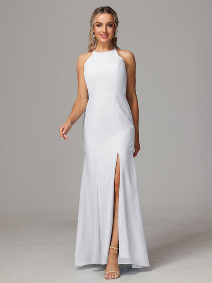 Halter Open Back Chiffon Bridesmaid Dress With Slit