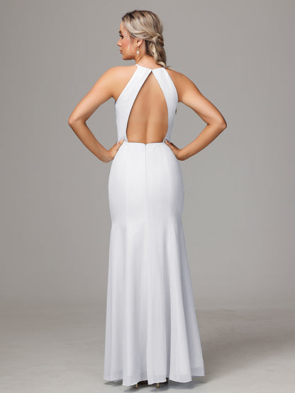Halter Open Back Chiffon Bridesmaid Dress With Slit