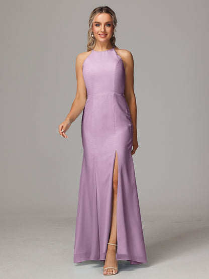 Halter Open Back Chiffon Bridesmaid Dress With Slit