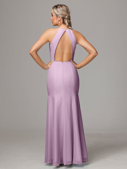 Halter Open Back Chiffon Bridesmaid Dress With Slit