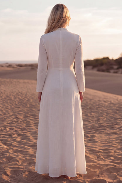 V-Neck A Line White Long Sleeves Beach Western Wedding Dress with Sash