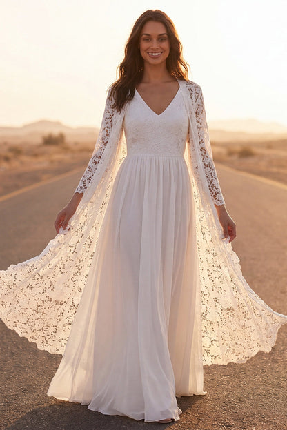 White Maxi Lace V-Neck A Line Boho Wedding Dress with Cape
