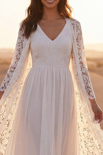 White Maxi Lace V-Neck A Line Boho Wedding Dress with Cape