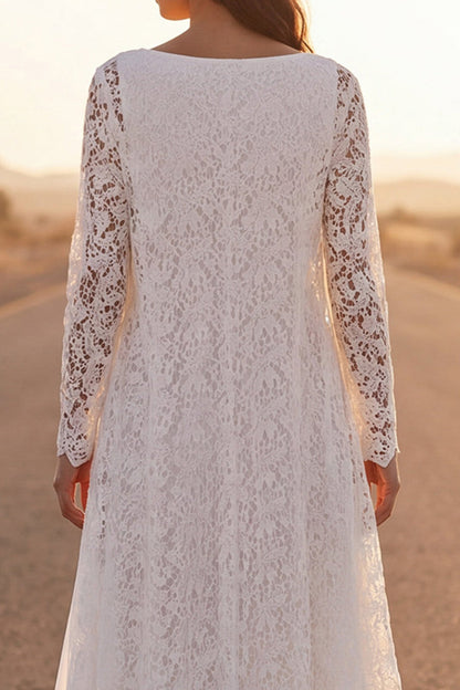 White Maxi Lace V-Neck A Line Boho Wedding Dress with Cape