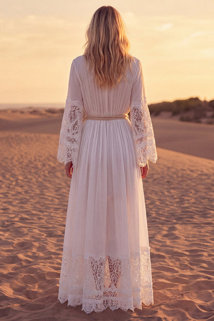A Line White Long Sleeves V-Neck Beach Western Wedding Dress with Sash