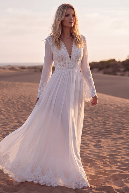 A Line V-Neck White Long Sleeves Beach Western Wedding Dress with Lace