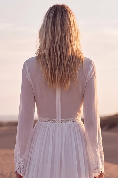 A Line V-Neck White Long Sleeves Beach Western Wedding Dress with Lace