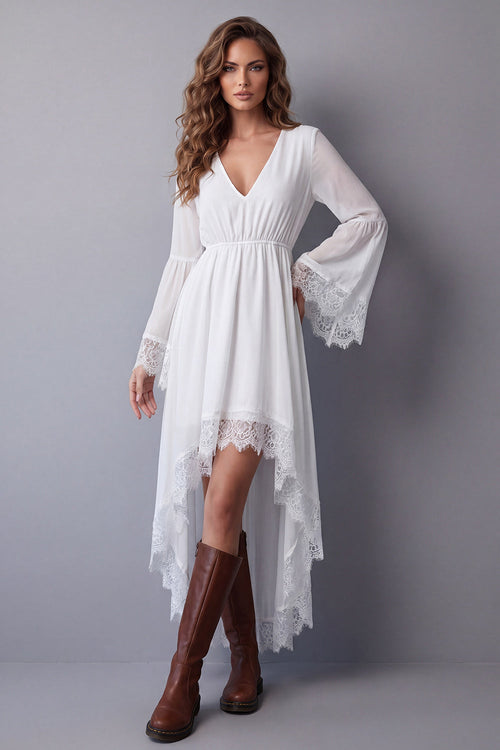 White V-Neck A Line High Low Beach Western Wedding Dress with Lace