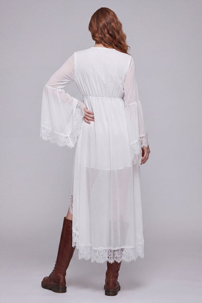 White V-Neck A Line High Low Beach Western Wedding Dress with Lace