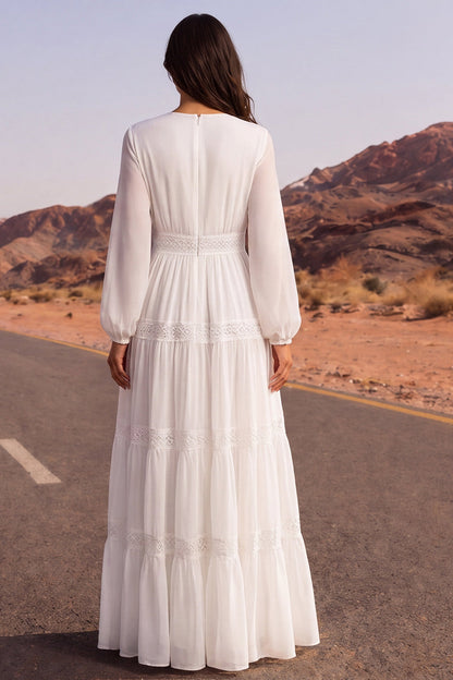 Long Sleeves White Floor Length V-Neck A Line Wedding Dress with Lace